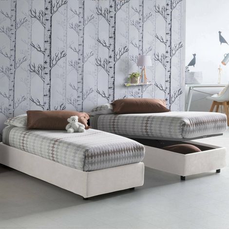 Talamo Italia Einzelbett Amelia, Containerbett mit Stoffbespannung, 100% Made in Italy, Frontöffnung, inklusive Matratze Cm 80x190, Weiß (1/3)