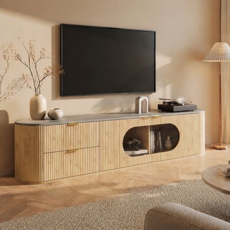 Meuble TV 172 cm Ovale – 2 Tiroirs Façade texturée et 2 Portes avec Verre – Console multimédia MDF Style Moderne (1/5)