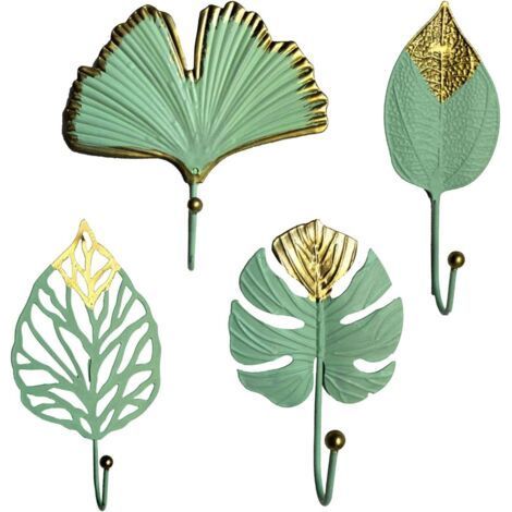 Vert 4 pcs Métal Mini Support Mural avec Style en Forme de Feuille pour Vêtements Sac à Main Écharpe Clés Cintres (1/4)