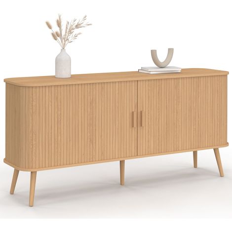 Idmarket – Buffet 160 cm 2 portes coulissantes – Effet lattes bois – Rangement modulable avec étagères réglables – Style naturel et bohème