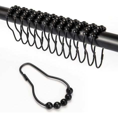 12 Pcs Morceau de Crochets de Rideau de Douche, avec Système Coulissant Anneaux de Rideau de Douche en Acier Inoxydable pour Tringle de Douche de Salle de Bain (Noir) (1/5)