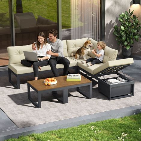 Salon de jardin beige modulable, dossier 3 positions, coffre et coussins confort (1/5)