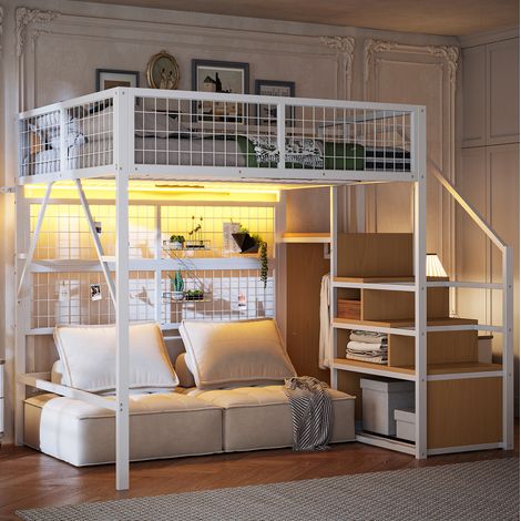 Hochbett Bett 140x200 mit Stauraum Metall Weiß OKMYHOME (1/5)