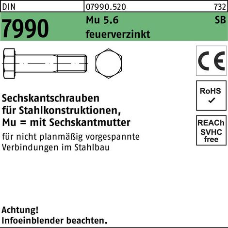 DIN 7990 Sechskant-Schaftschraube M16x70 Stahl 5.6 feuerverzinkt m. Mutter 25 Stk (1/2)