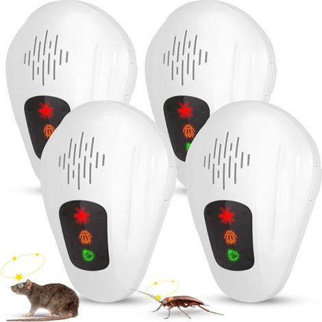 Répulsif à ultrasons anti-rongeurs, lot de 4, répulsif électronique à ultrasons pour souris, dispositif de protection anti-nuisibles, anti-insectes à brancher pour moustiques, souris,ryc, blanc (1/4)