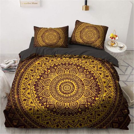 Bettwäsche-Set 200x220cm Boho Mandala Schwarz Gold Mikrofaser mit Reißverschluss