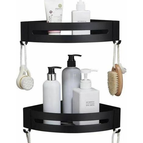 royaluxe - Lot de 2 organisateurs de rangement pour étagère de douche murale sans perçage avec 4 crochets (noir) (1/5)