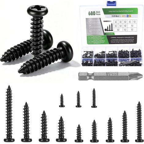 Lot de 680 vis autotaraudeuses en métal, M2, M3, M4 - Vis à bois autoperceuses à tête ronde en croix pour réparation de métal, plastique, bois (noir) (1/5)