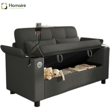 Canapé en velours côtelé gris avec rangement, accoudoirs et port USB 136,5 x 79,5 x 83,6 cm HOMAIRE (1/5)