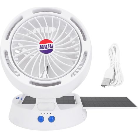 Ventilateur solaire avec lumière LED, 4 vitesses de ventilation, 3 niveaux de luminosité, angle réglable, pliable et portable, idéal pour le camping et les voyages en plein air.