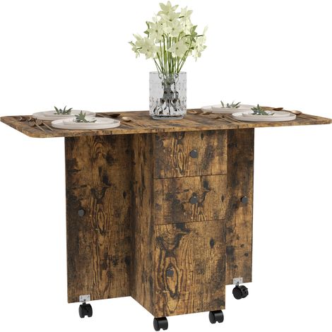 Multi-Storage Six-Person Drop Leaf Dining Table -  Rustic Brown