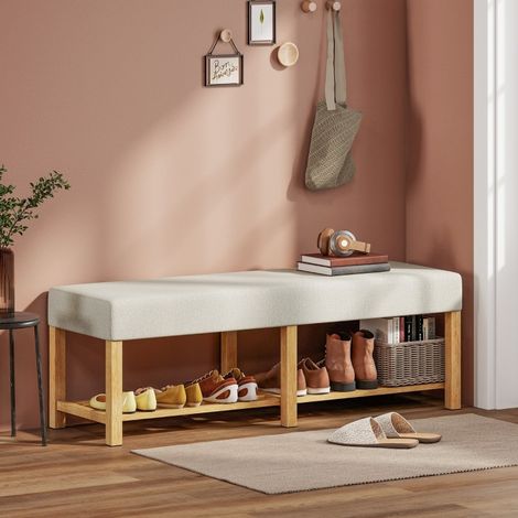 Banco zapatero 140x44x48 cm crema y madera, asiento acolchado 2 plazas, MEUBLIV (1/5)