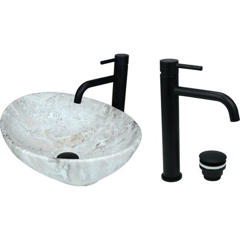 GTM Design Aufsatzwaschbecken 41 cm Matt Set mit Waschtischbatterie und Stopfen - Aufsatzwaschbecken Oval für Badezimmer - Modernes Waschbecken ohne Hahnloch - Waschbecken mit Armature (1/5)