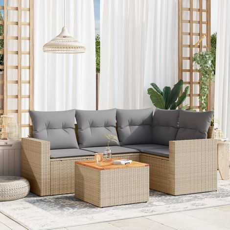 5-tlg. Garten-Sofagarnitur mit Kissen Beige Poly Rattan (1/5)