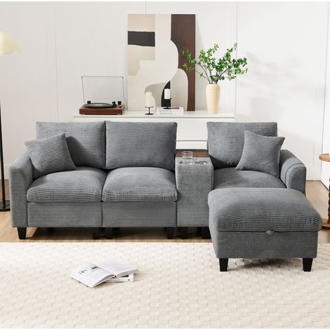 Canapé d'angle L 229x149,5x83 cm en tissu corduroy gris avec console, pour petit salon – MEUBLIV (1/5)