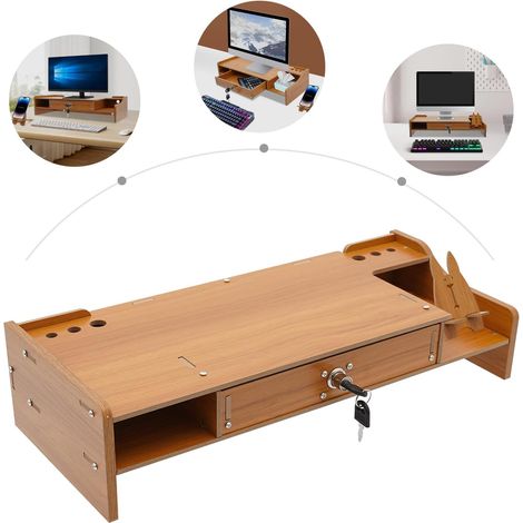 Support d'affichage avec tiroir + support de téléphone portable, support de bureau en bois, multifonctionnel, rehausseur d'écran d'ordinateur, ergonomique (1/5)
