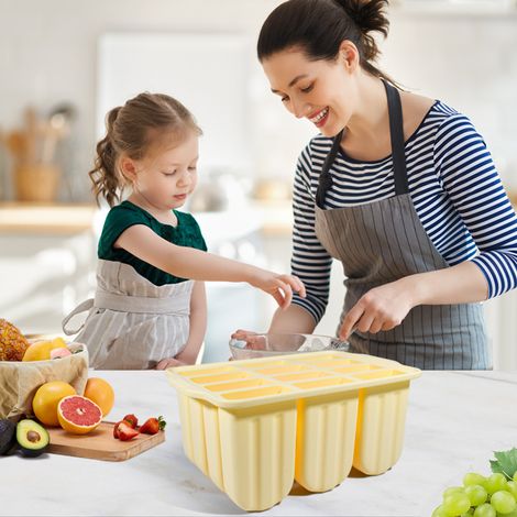 Moule à glace 12 cavités en silicone alimentaire – Couleur jaune – Démoulage facile, couvercle anti-fuites, résistant de -40°C à 230°C, BPA Free, avec 50 bâtonnets en bois (1/2)