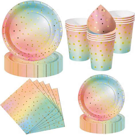 Set 50 Pièces Vaisselle Jetable, Assiettes 23cm et 18cm, Gobelets, Serviettes, Design Arc-en-ciel et Or, Pour 10 Invités, Fête