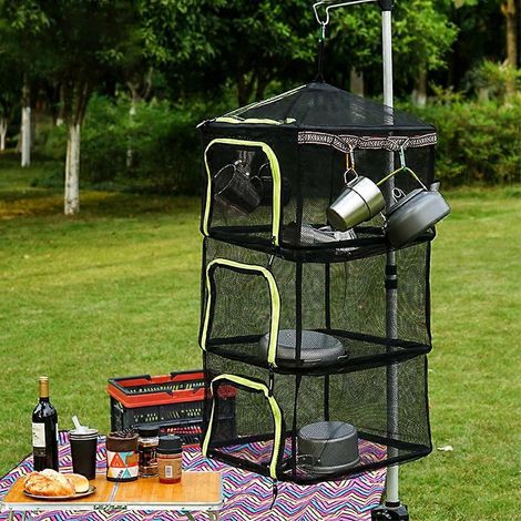 Séchoir à herbes suspendu pliable d'extérieur avec crochet latéral pour cordon, portable, pour le camping, 4 niveaux, fermeture éclair, filet de séchage (1/4)