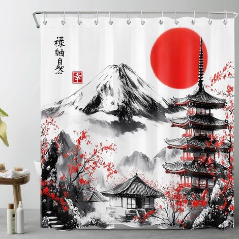 Montagne Japonaise Rideaux de Douche 240x175cm Pagode Fleur Rouge Soleil Rideaux de Bain avec Crochets,Noir et Blanc Extra Large Imperméable Polyester Anti Moule Salle de Bain Décor (1/5)