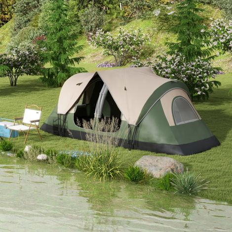 Tente camping 6 places 2 chambres séparées polyester fibre verre - Dimensions: 450x215x180 cm - Couleur: Vert foncé