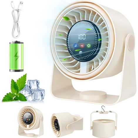 Ventilateur Silencieux de Table, Ventilateur USB MiNi Ventilateur Portable 3 en 1 5000mAh Batterie Vitesse du Vent Réglable Sur 5 Niveaux Réglable à 360° Pour Maison,Bureau,Camping, Extérieur,Cuisine (1/5)