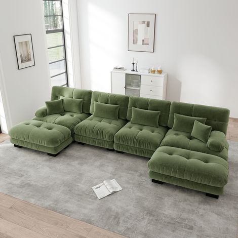 Divano modulare angolare a U in chenille verde 4 posti con pouf移动 (1/5)