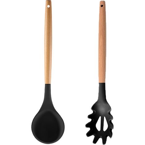 Ensemble Ustensiles Cuisine Bois Et Silicone - Resistants Chaleur Antiadhesifs - Pour Cuisson Et Service - Lot De 6 Pieces (1/5)