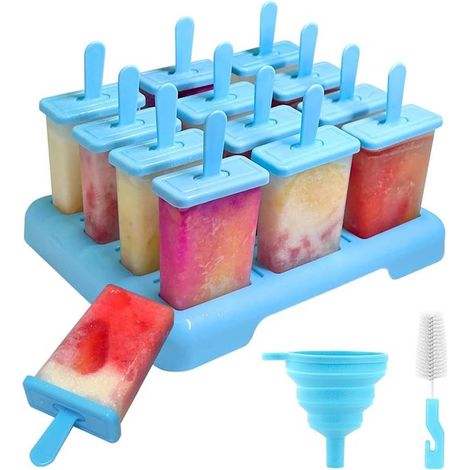 Set di 12 stampi per gelato per bambini riutilizzabili e senza BPA, completi di spazzolino per la pulizia e imbuto pieghevole in silicone. (1/5)