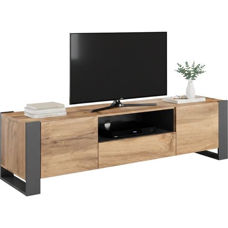 Mobile porta TV Dronero, Madia da salotto con ante battenti, vano aperto e cassetto, Rialzato da terra, 180x44 h48 cm, Rovere Nodi e Antracite