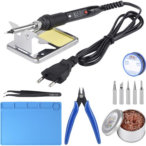 Kit de soudage avec fer à souder 220 V 80 W à température réglable et pompe à dessouder, comprenant une panne et un chauffe-pointe. Idéal pour les travaux de bricolage et la maison.