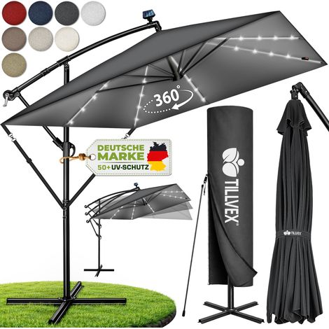 tillvex® Alu Sonnenschirm Rechteckig Ø 330 cm mit LED Solar Rot + Abdeckung mit Kurbel Ampelschirm mit Ständer & Windschutz Gartenschirm UV-Schutz, wasserdicht, 360° drehbar Kurbelschirm Marktschir