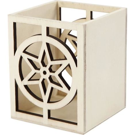 Pot à décorer - Bois - 10 x 8 x 8 cm - Motif Étoile - Bureau enfant - Personnalisable