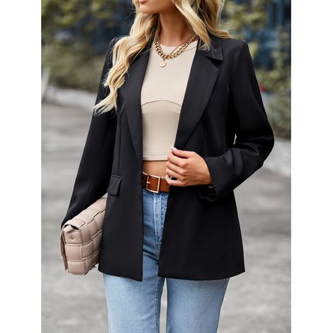 Veste de tailleur femme à manches longues, couleur unie, style décontracté, lavable en machine, noire, taille M, idéale pour le travail et les activités de plein air. (1/5)