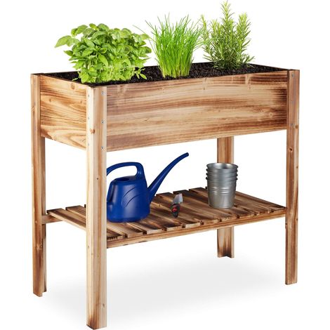 Carré Potager, légume, Herbes, Jardin, Balcon, Jardinière sur Pied, HxlxP: 80 x 88 x 43,5 cm, Bois flambé (1/5)