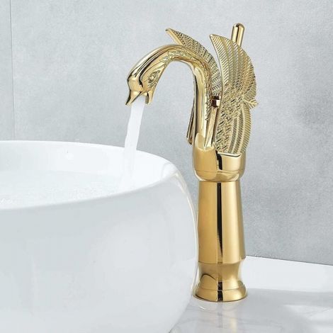 Goldene Badezimmerarmatur aus massivem Messing, hohe Mischbatterie für Waschbecken