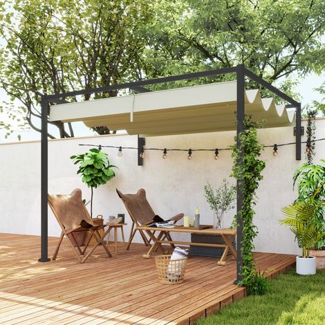 2 x 3(m) Lean To Steel Pergola, with Moving Fabric Canopy - Khaki