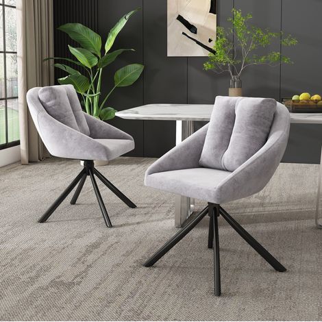 Chaise pivotante grise en velours avec roulettes, structure métal, lot de 2,59×65×79cm (1/5)