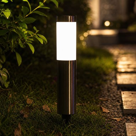 Lampe solaire piquet inox LED étanche IP44 pour jardin, cour et allée. Design canon moderne, éclairage automatique crépusculaire, 350mm (1/5)
