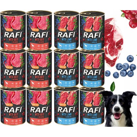 Paquete de 12 latas de 400 g de comida húmeda para perros RAFI MIX con diferentes sabores (cordero y ternera).