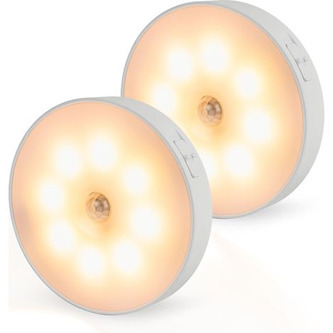 Lampe ronde à détecteur de mouvement pour intérieur, rechargeable par USB-C, magnétique, lot de 2, blanc chaud 3000K, veilleuse, lampe LED rechargeable, éclairage pour meubles (1/5)