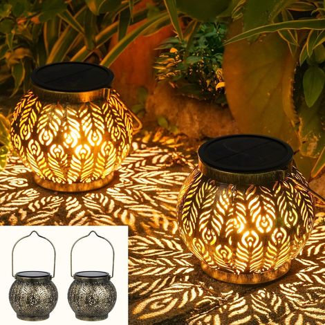 Lot de 2 lanternes solaires d'extérieur suspendues IP65 étanches à l'eau - Lanterne solaire vintage orientale à suspendre pour patio, terrasse, mur, table (1/5)