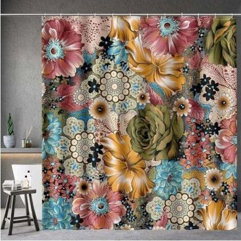 Duschvorhang mit böhmischem Blumenmuster, mehrfarbig, mit 12 Haken, Badezimmerdekoration, 182,9 x 182 cm (1/5)