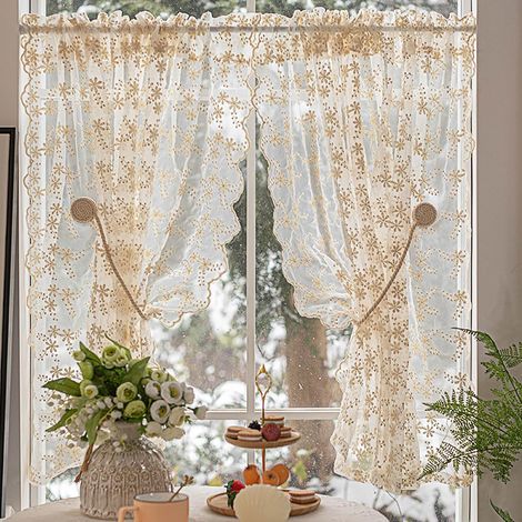 Rideaux Courts Voilage Transparent Cuisine, Voilage Fenêtre 2 Panneaux Dentelle Fleurie Passe Tringle, Rideau de Cuisine Beige Style 140x100 cm (1/4)