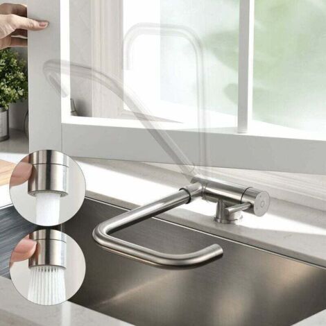 Mitigeur Cuisine Rabattable avec 2 Jets aux Choix Robinet Cuisine Sous Fenêtre Robinetterie Cuisine Pliable Bec Orientable 360° Mitigeur Evier Rabattable Fenêtre en Laiton Acier Inox 304 (1/4)