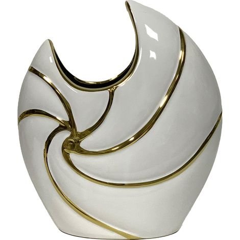 Vase de Table en céramique avec Forme Blanche Brillante et dorée 9 x 22 x 25 cm