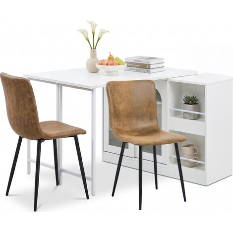 FurnitureR MDF Essgruppe mit Dreh-Klapptisch und 2 Stühlen Weißer MDF-Klapptisch mit Stauraum und 2 braunen Kunstwildlederstühlen für kleine Essbereiche (1/5)