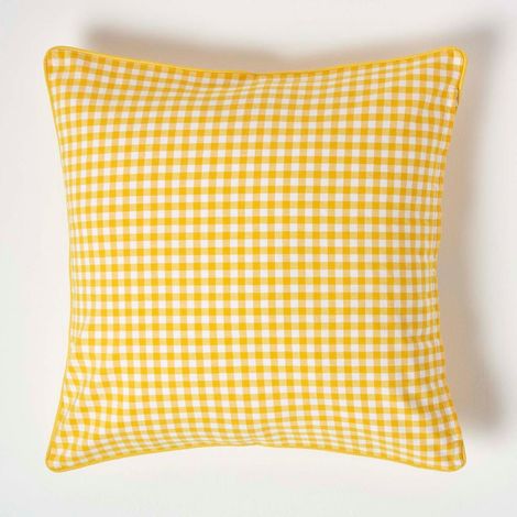 HOMESCAPES Cotton Gingham Check Yellow Cushion Cover, 60 x 60 cm