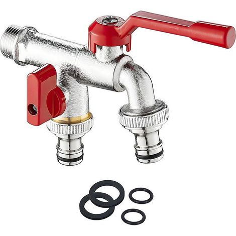 Double Robinet de Jardin3/4'' Pouce Robinet d'eau en Laiton Robinet Exterieur Mural avec 2x 3/4 pouces de sortie Pour Jardin, Machine à Laver, Baril de Pluie antirouille et antigel