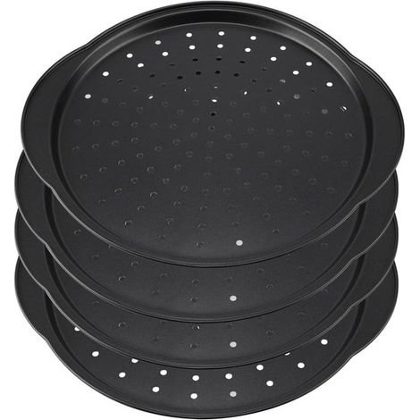 Allecto plus Pizzablech-Set 4-teilig 305 cm Kohlenstoffstahl antihaftbeschichtet mit Griff für den Backofen Runde Pizzapfanne mit Löchern Zur von (1/5)